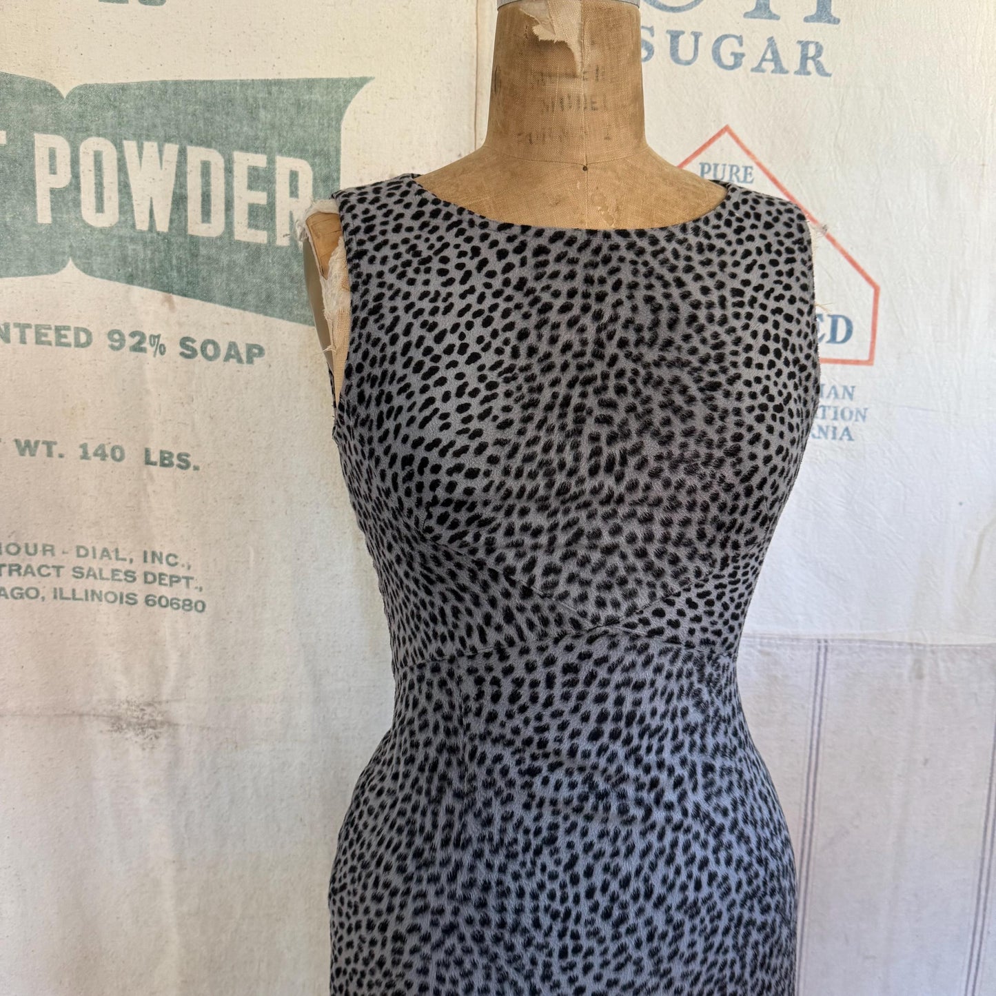 90s Moschino Gray Faux Fur Leopard Print Dress