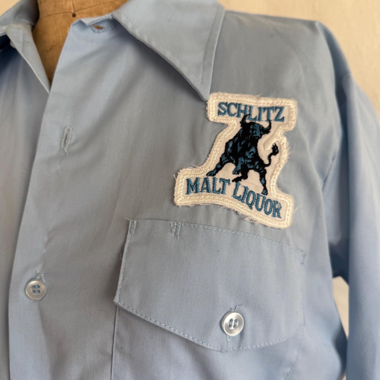 1970s Perma Neat Schlitz Malt Liquor Chain Stitched Work Shirt