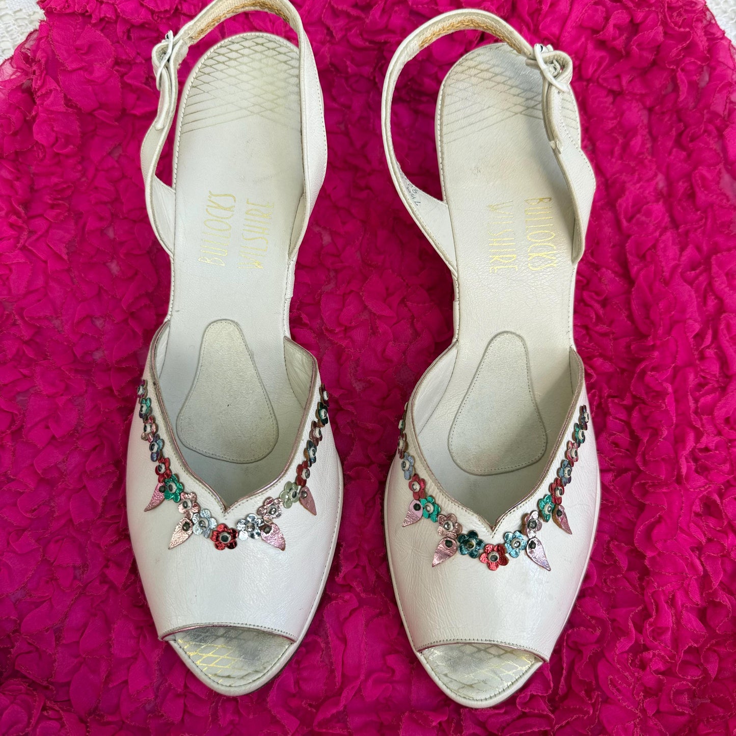 1960s Bullocks Wilshire White Leather Peep Toe Wedge Heels with Colorful Foil Flowers