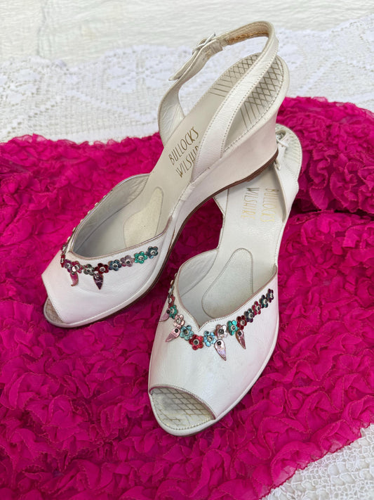 1960s Bullocks Wilshire White Leather Peep Toe Wedge Heels with Colorful Foil Flowers