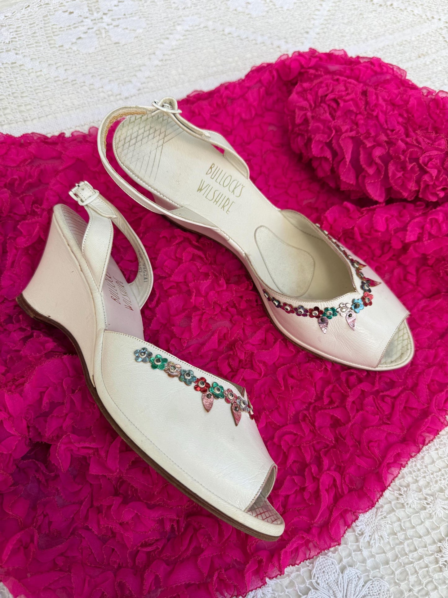 1960s Bullocks Wilshire White Leather Peep Toe Wedge Heels with Colorful Foil Flowers