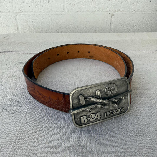 1970s WWII B-24 Liberator Airforce Belt Buckle and Leather Belt w.34