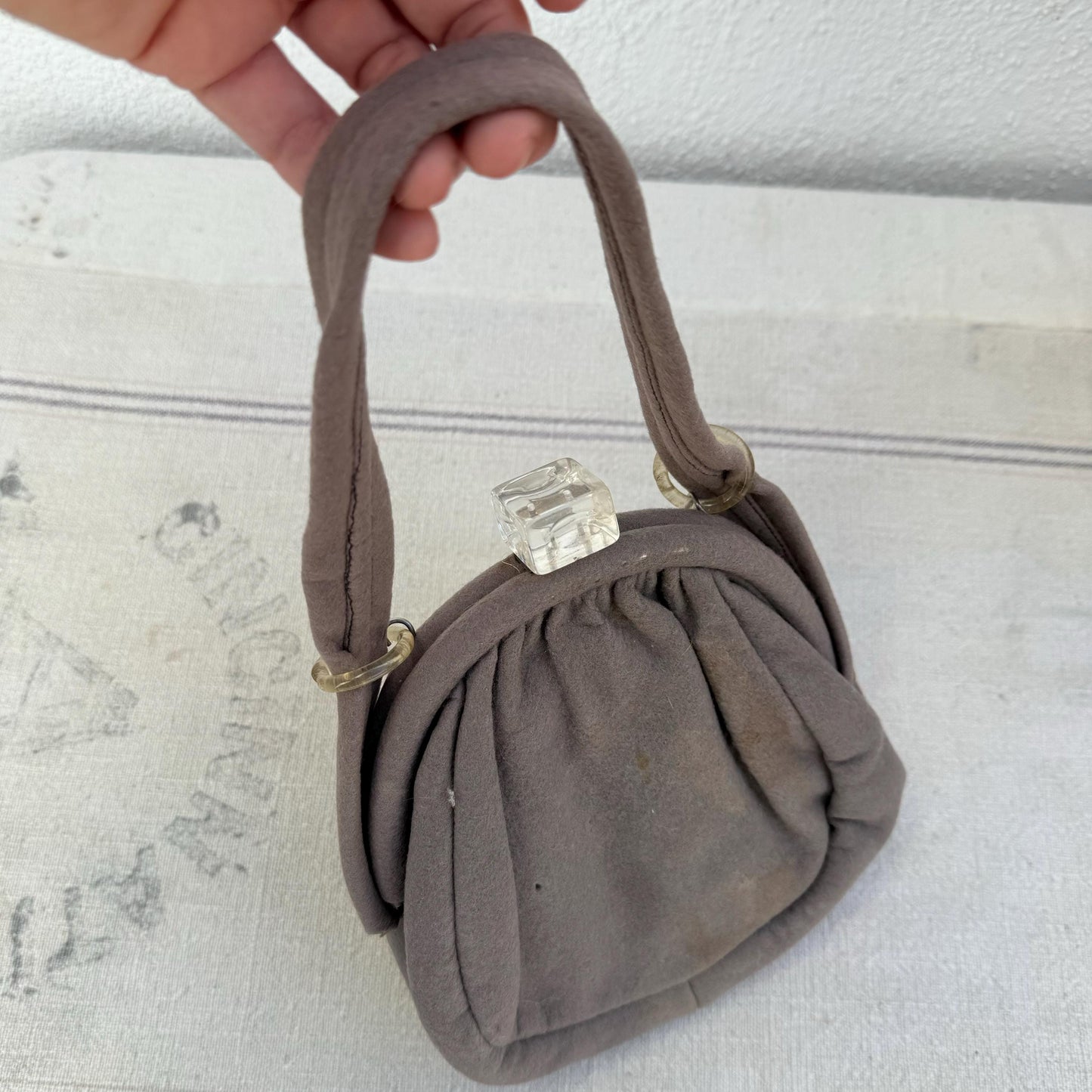 1940s Gray Wool Purse with Lucite Deco Block Closure
