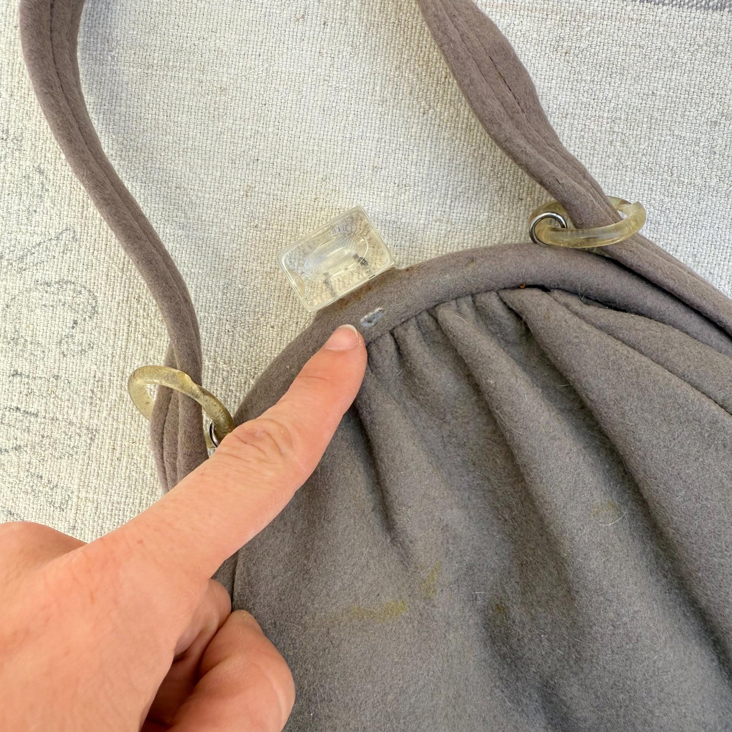 1940s Gray Wool Purse with Lucite Deco Block Closure