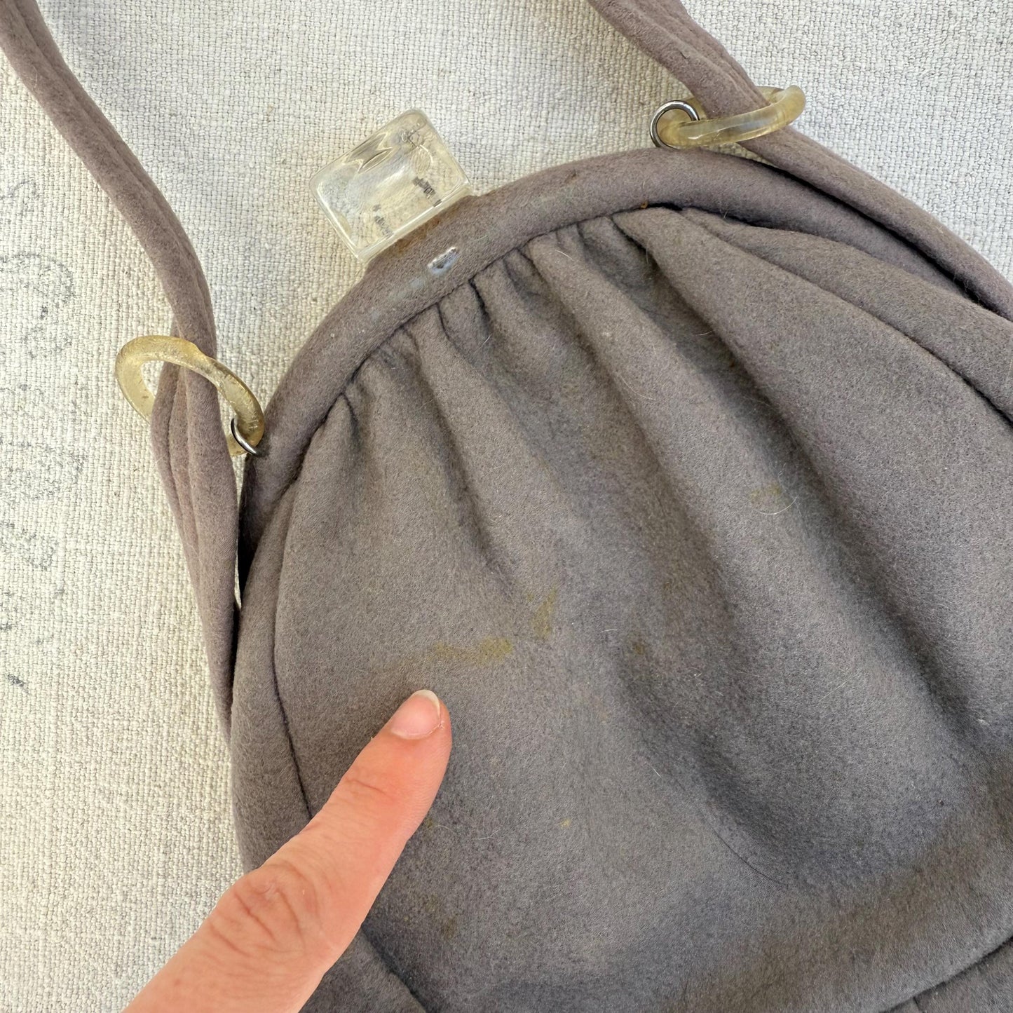 1940s Gray Wool Purse with Lucite Deco Block Closure