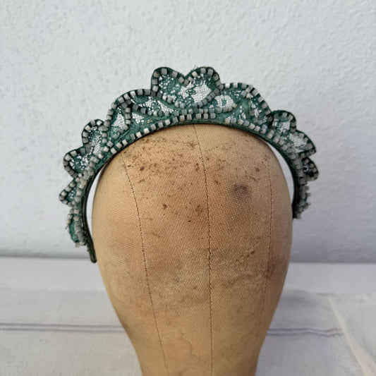 1950s Bridesmaid Beaded Lace Teal Tiara Headband Crown with Heart