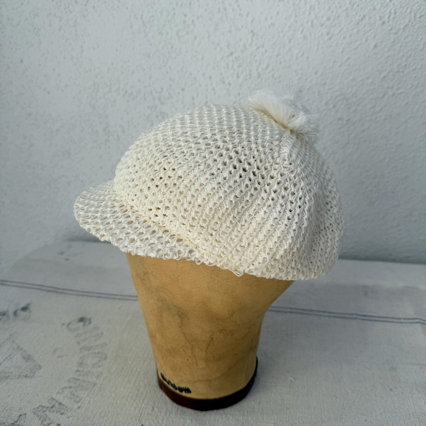 1950s White Crochet Newsboy Hat Cap with Pom Pom