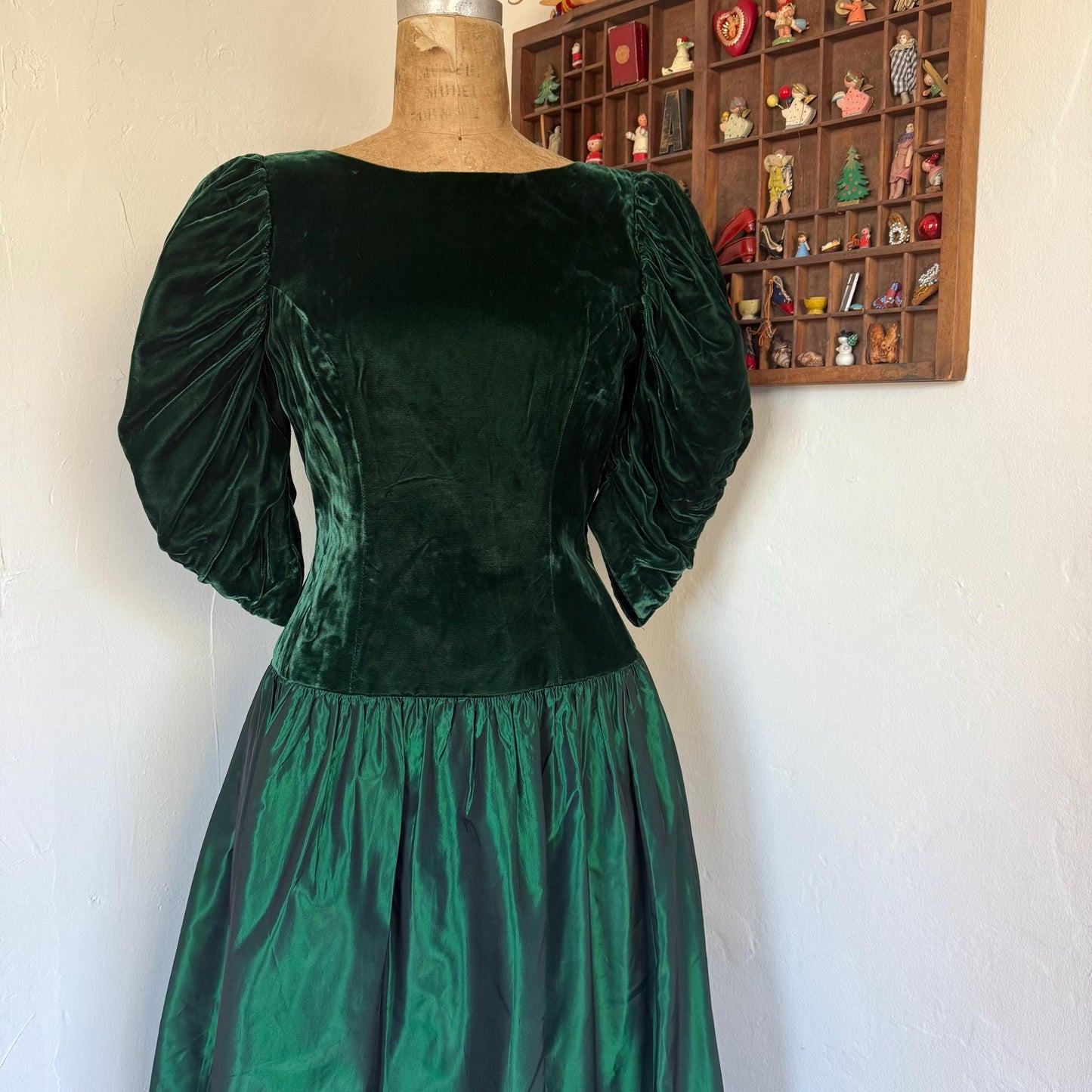 1980s Forest Green Velvet Taffeta Drop Waist Party Dress with Bows