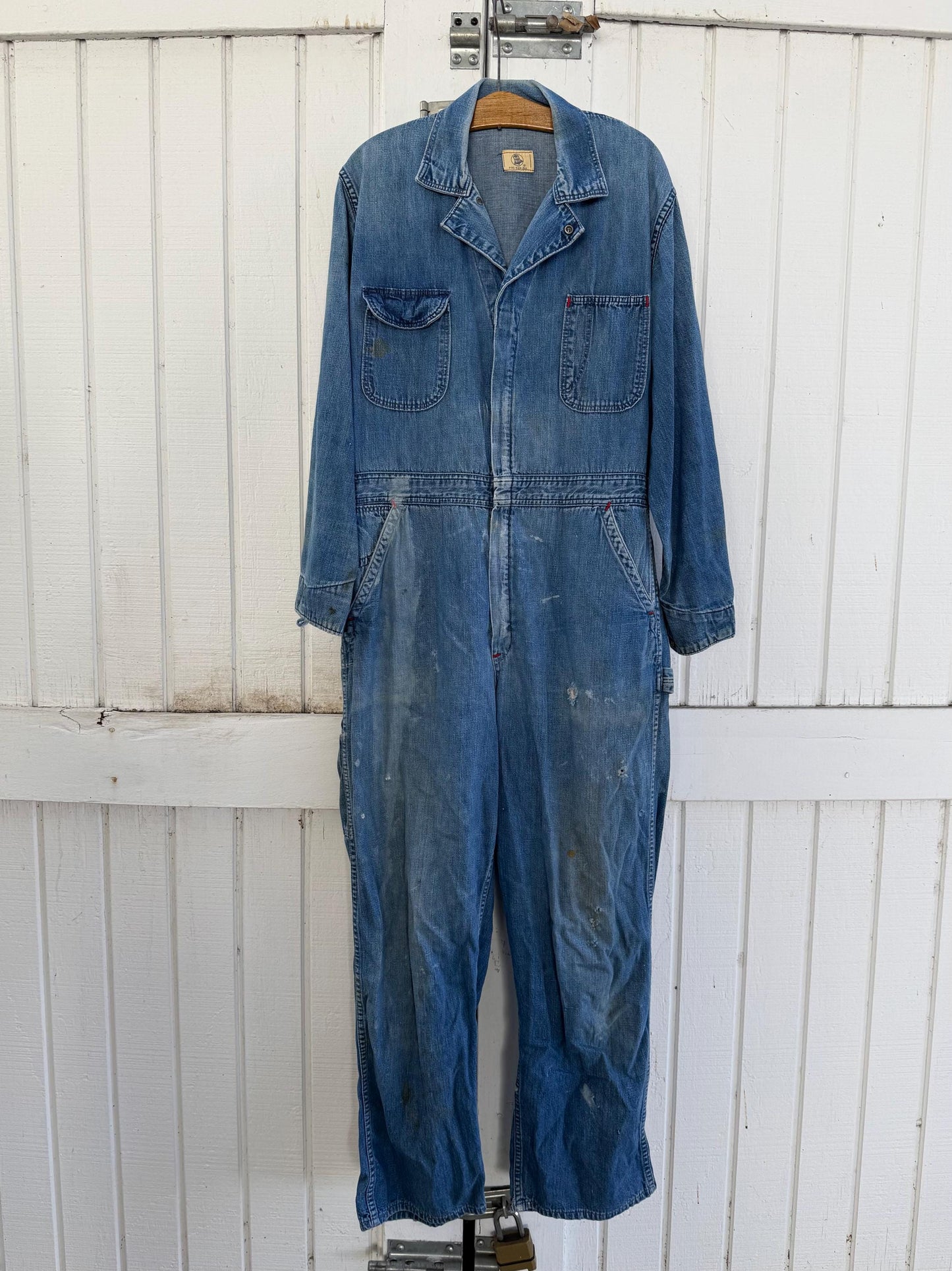 1960s Blue Bell Denim Distressed Coveralls w. 36