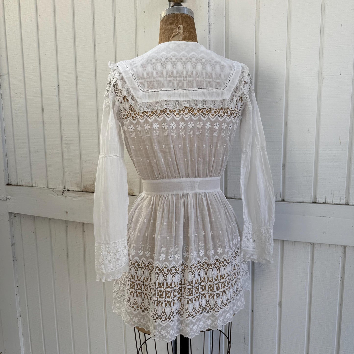 Antique Victorian Cotton Lace and Eyelet Long Sleeve Mini Dress