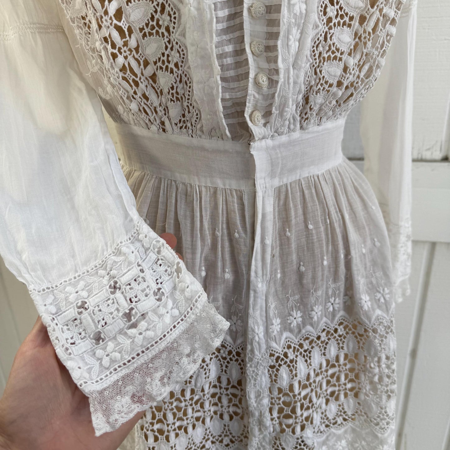 Antique Victorian Cotton Lace and Eyelet Long Sleeve Mini Dress