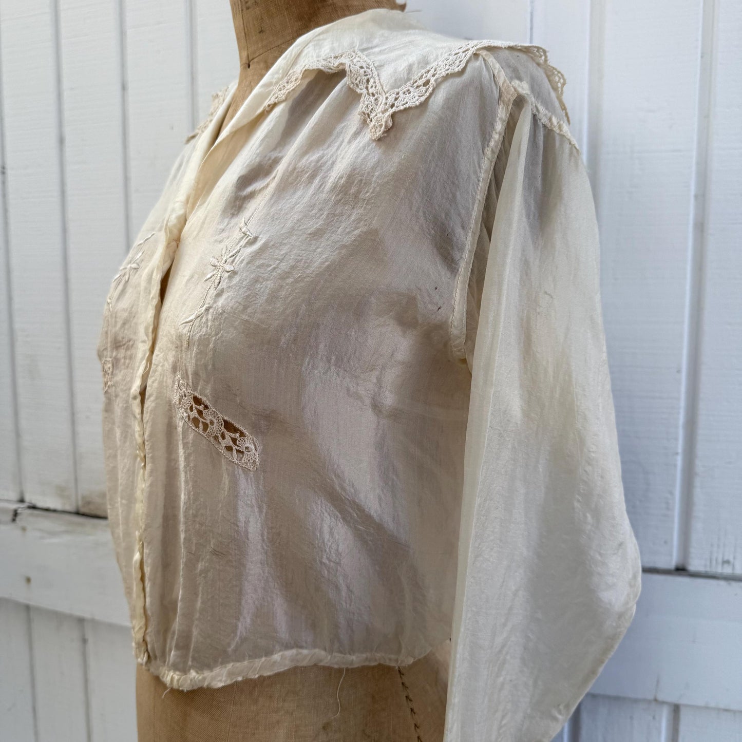 Antique Victorian Silk Embroidered Lace Trimmed Long Sleeve Blouse