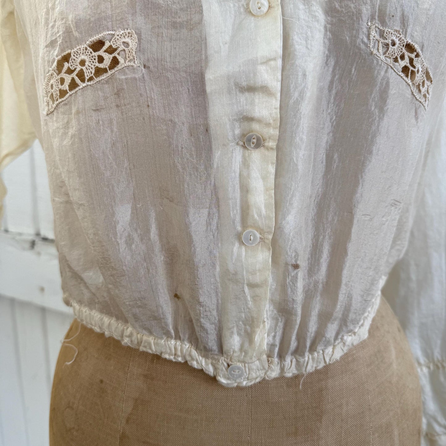 Antique Victorian Silk Embroidered Lace Trimmed Long Sleeve Blouse