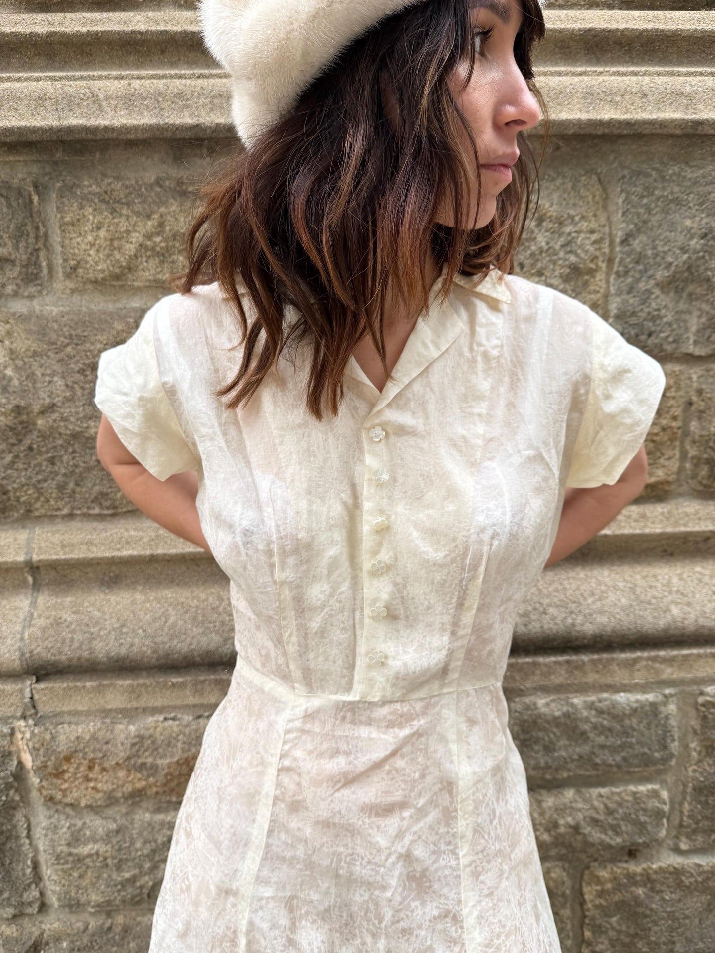 1940s Printed Silk Voile White Collared Day Dress with Clover Mother of Pearl Buttons