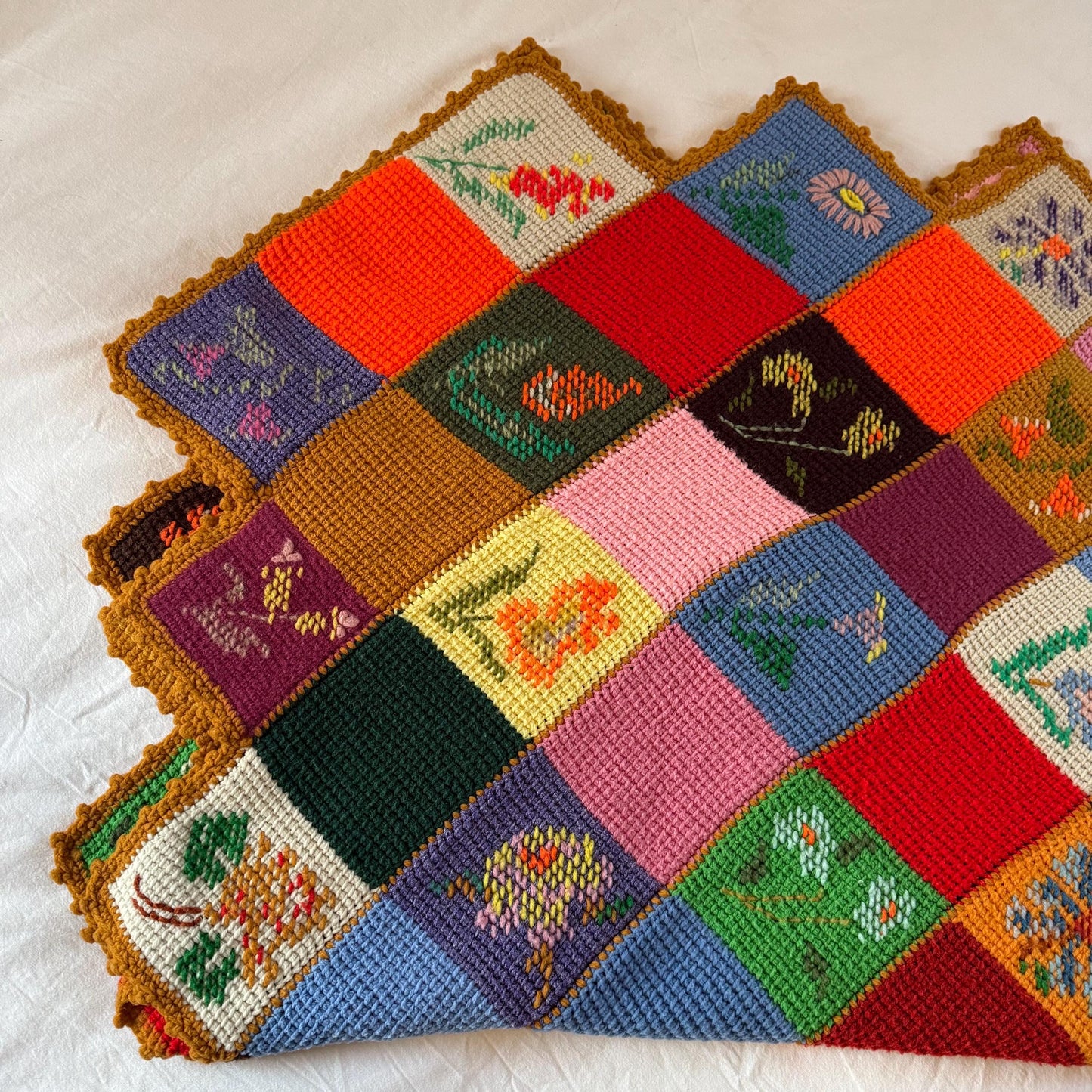 1970s Handmade Crochet Patchwork Rainbow Floral Diamond Needlepoint Afghan Throw Blanket