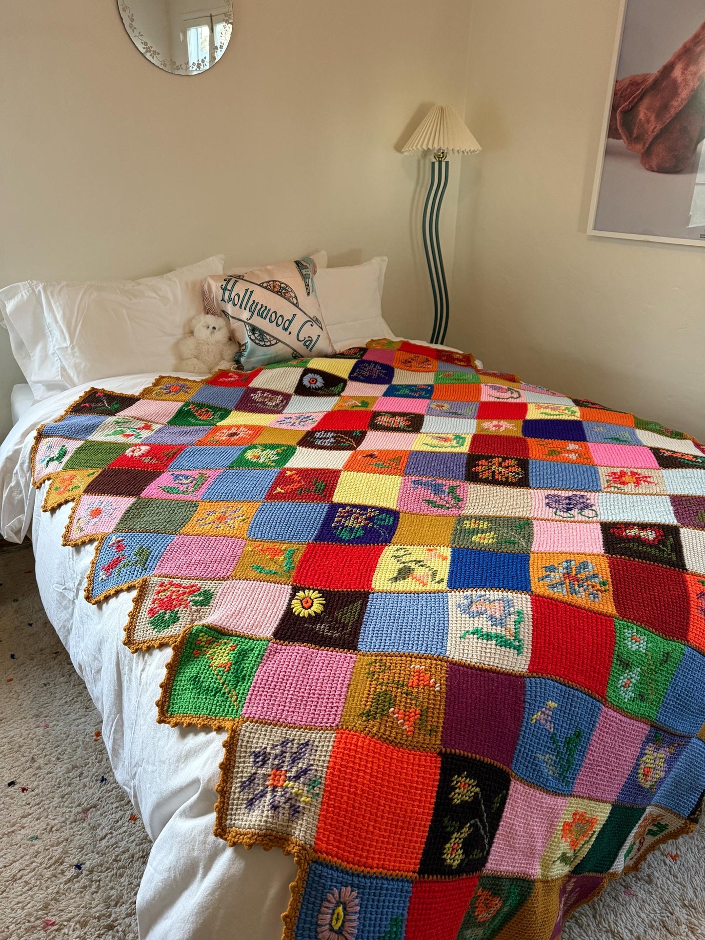 1970s Handmade Crochet Patchwork Rainbow Floral Diamond Needlepoint Afghan Throw Blanket