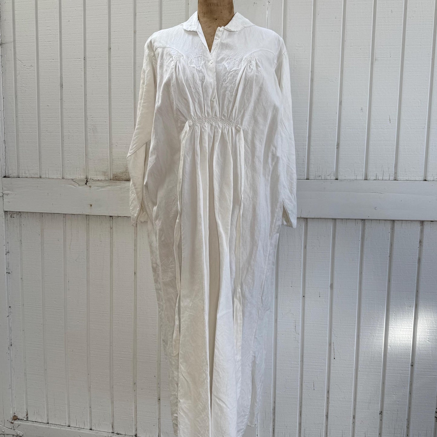 Victorian Linen Cotton Long Sleeve Embroidered Smocked Dress