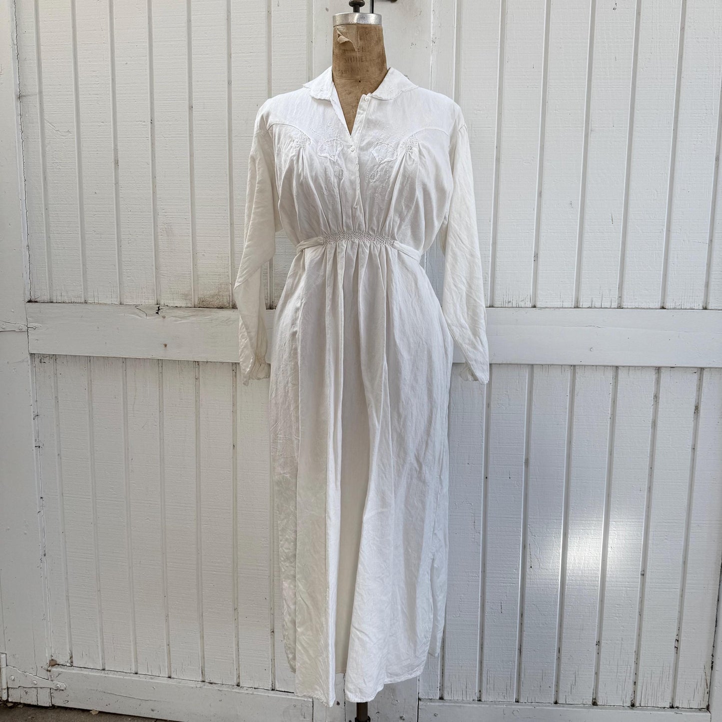 Victorian Linen Cotton Long Sleeve Embroidered Smocked Dress