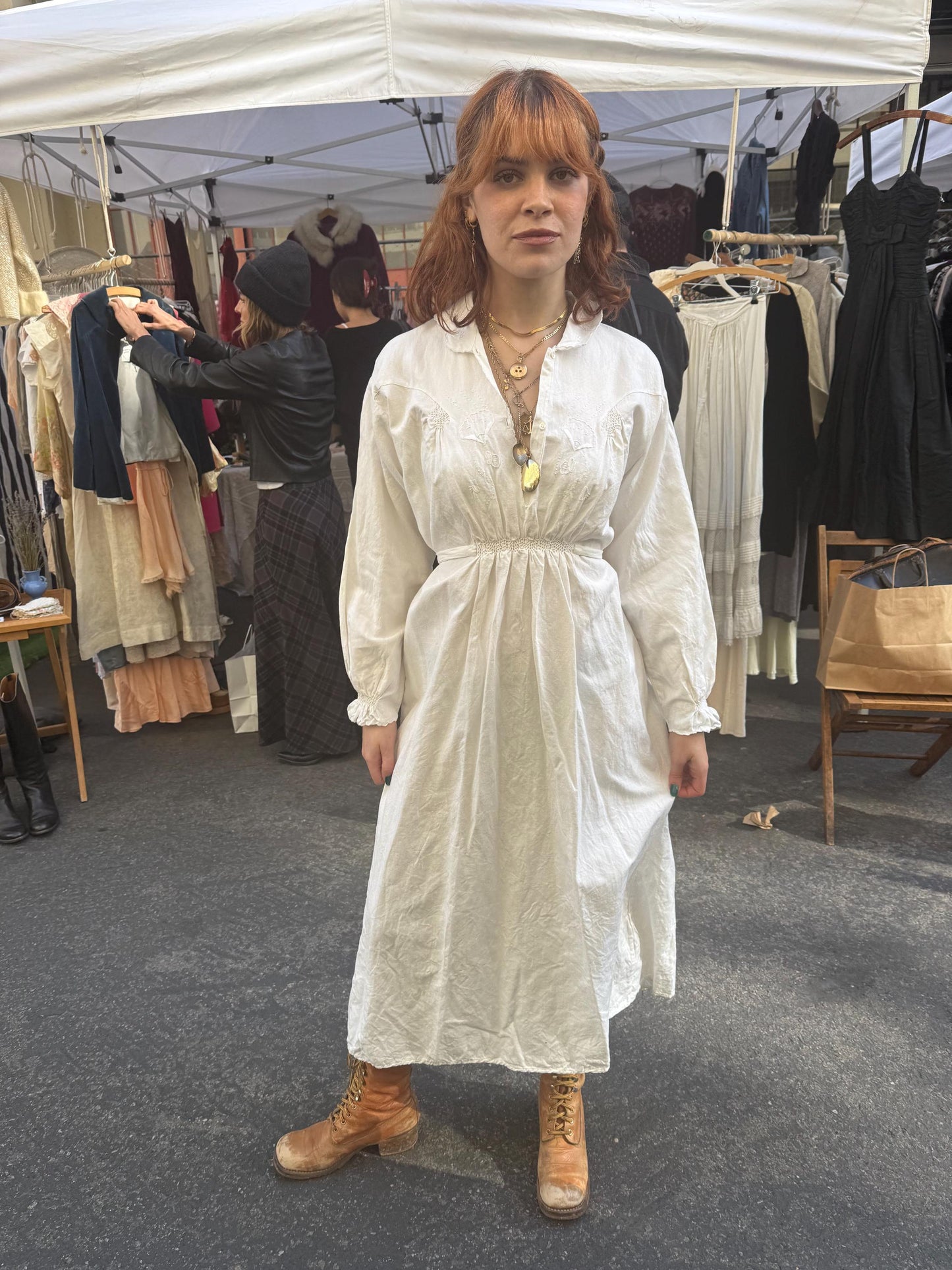 Victorian Linen Cotton Long Sleeve Embroidered Smocked Dress