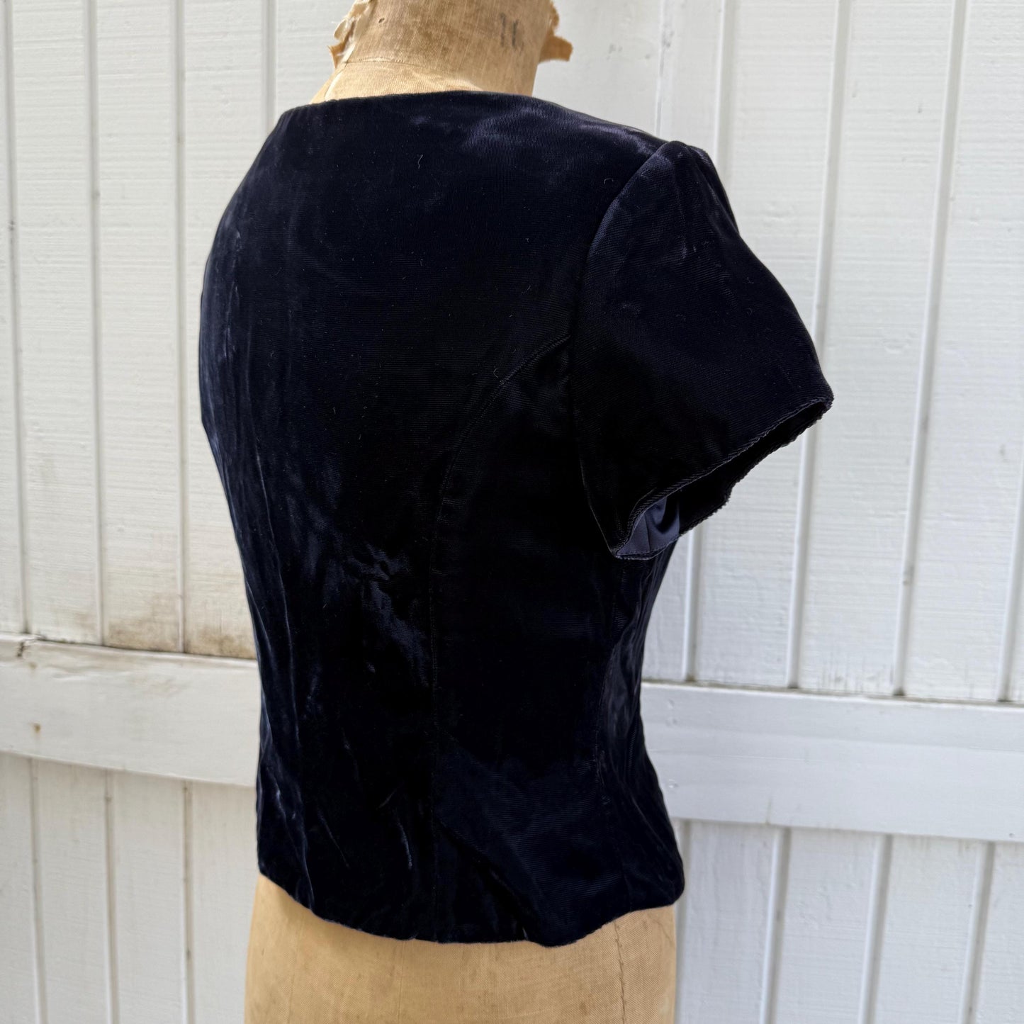1990s Jordan Navy Velvet Rhinestone Clasp Front Bodice Blouse