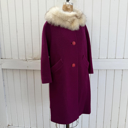 1950s Raspberry Styled by Charles Wool Tweed Boucle Fur Collar Coat