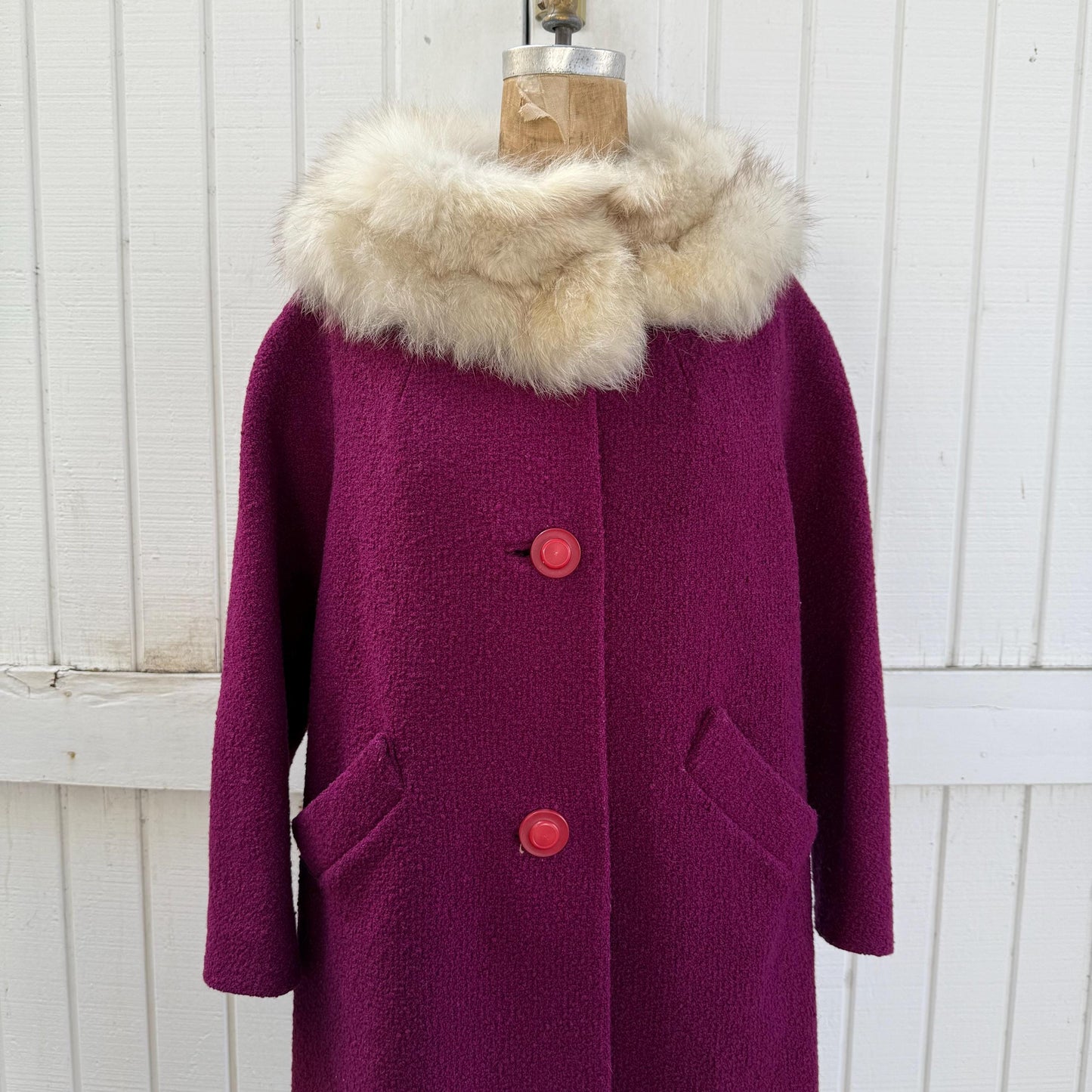 1950s Raspberry Styled by Charles Wool Tweed Boucle Fur Collar Coat