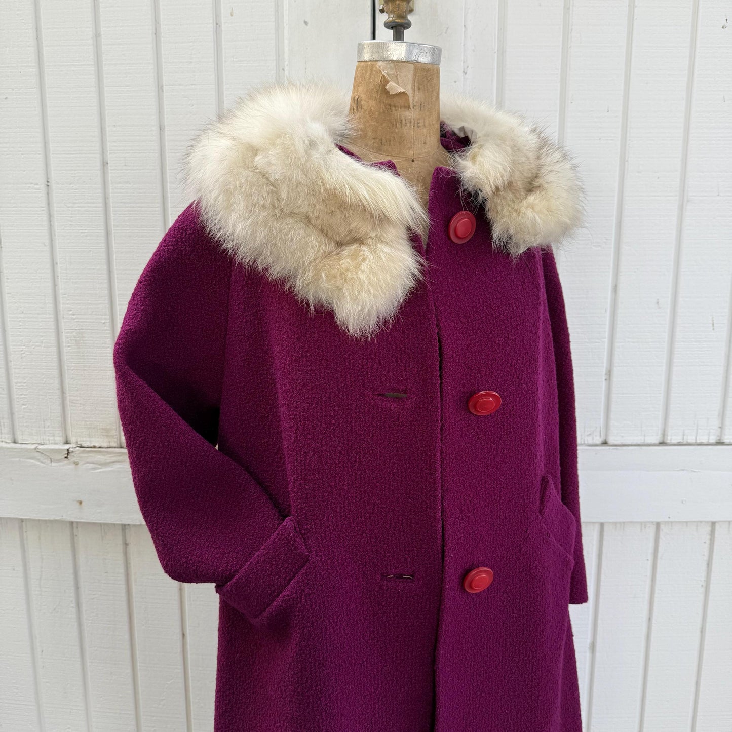 1950s Raspberry Styled by Charles Wool Tweed Boucle Fur Collar Coat