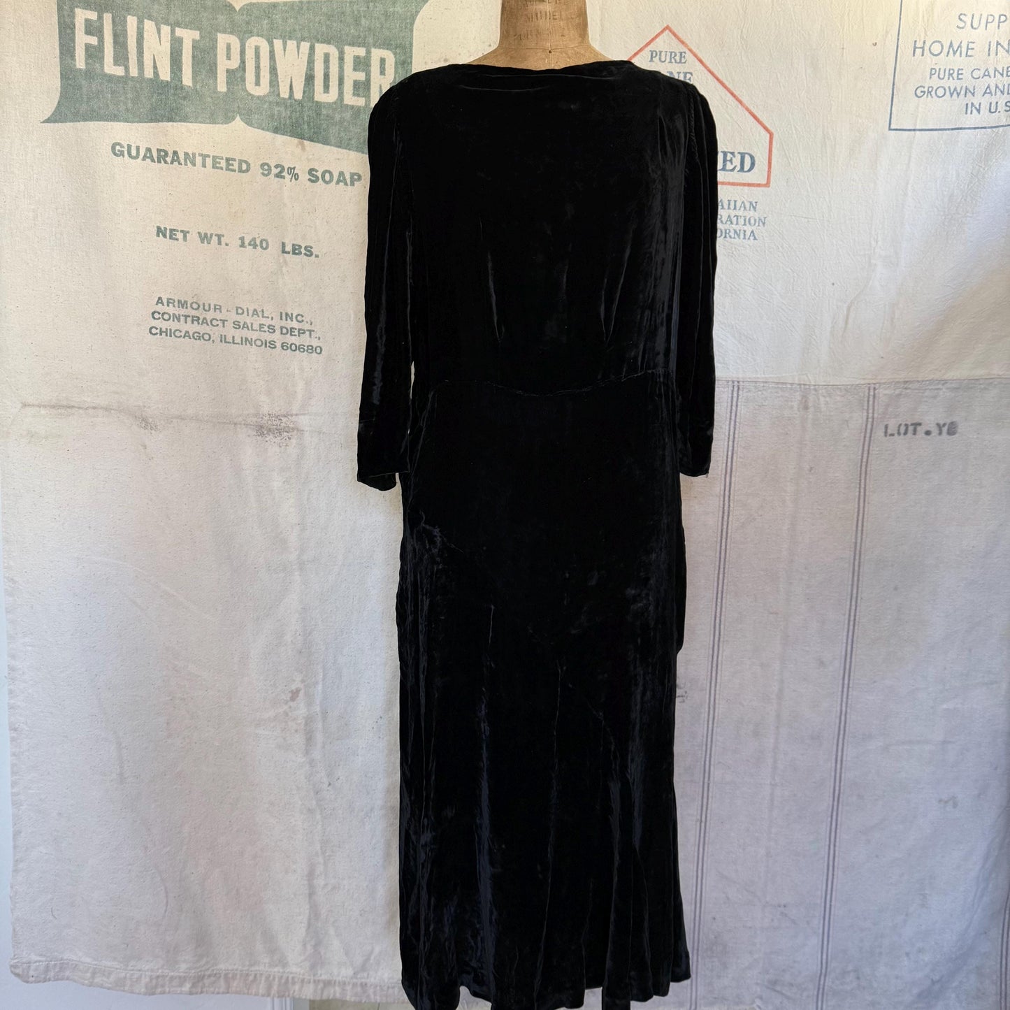 1920s Black Velvet Cowl Neck Gown