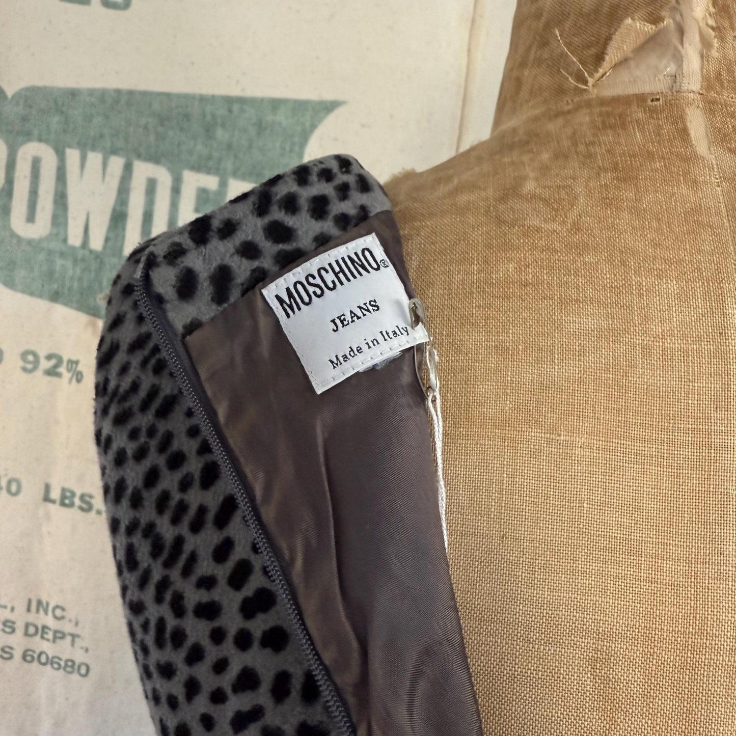 90s Moschino Gray Faux Fur Leopard Print Dress