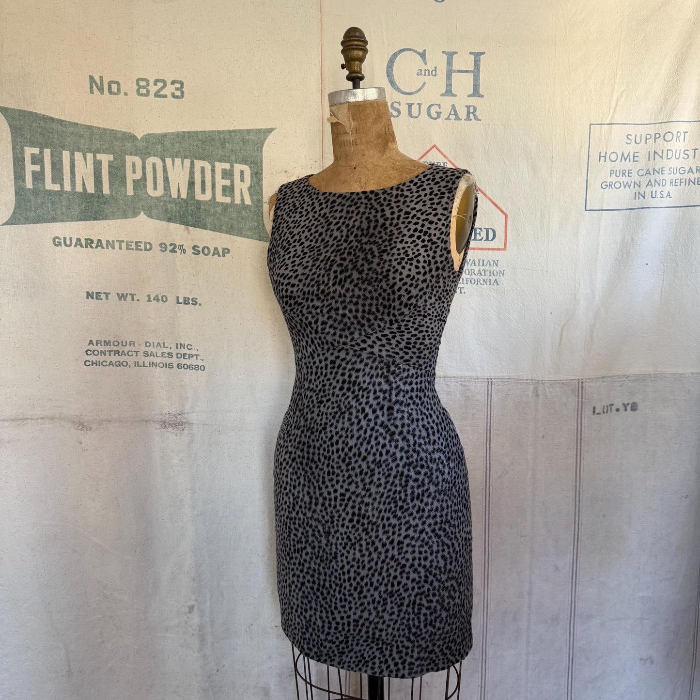 90s Moschino Gray Faux Fur Leopard Print Dress