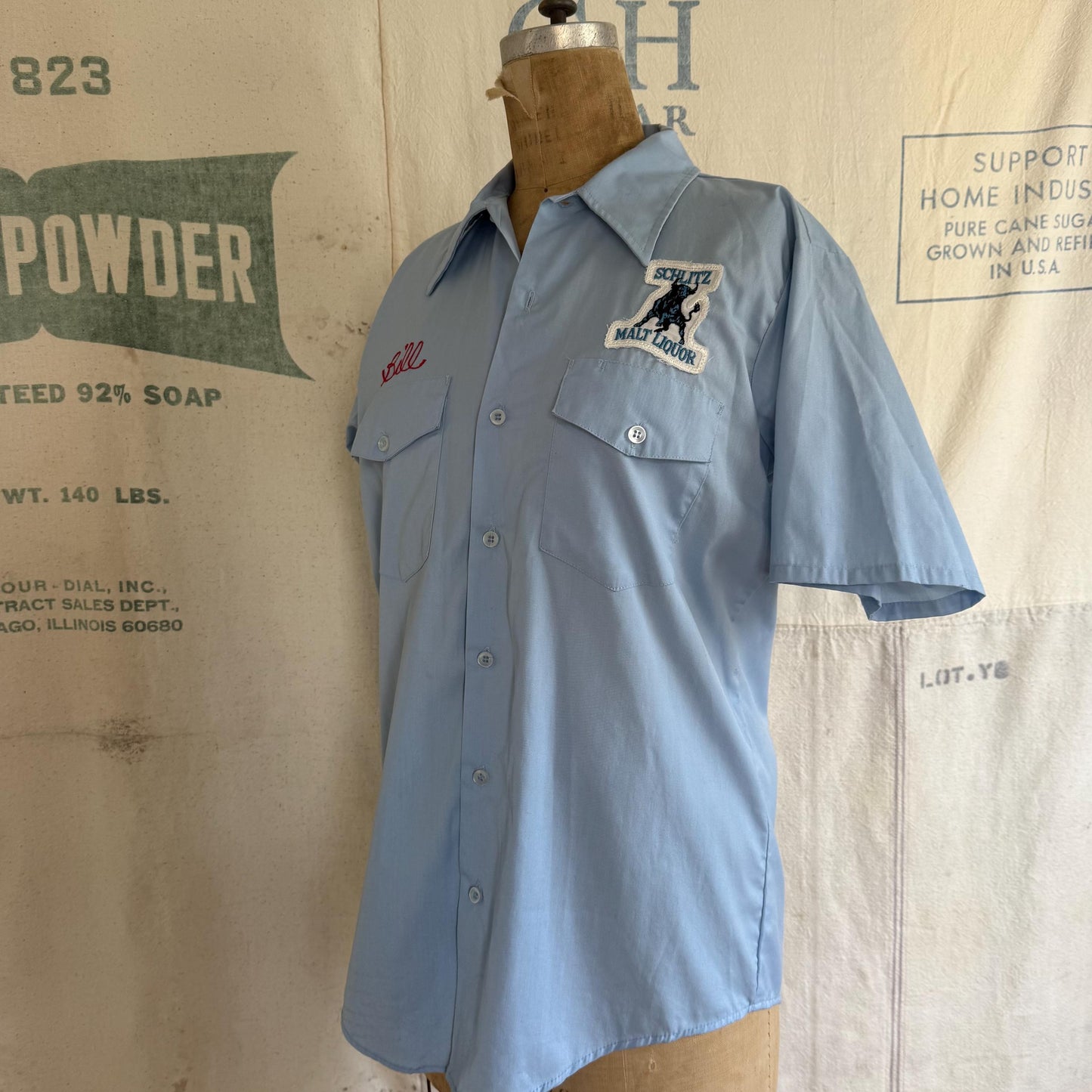 1970s Perma Neat Schlitz Malt Liquor Chain Stitched Work Shirt