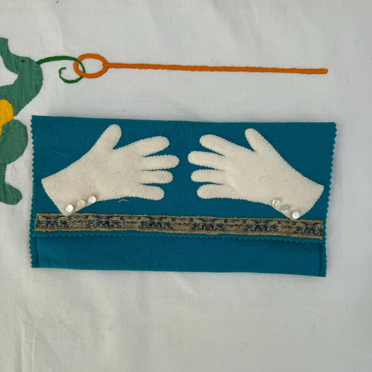 1950s Midcentury Teal Embellished Felt Glove Holder