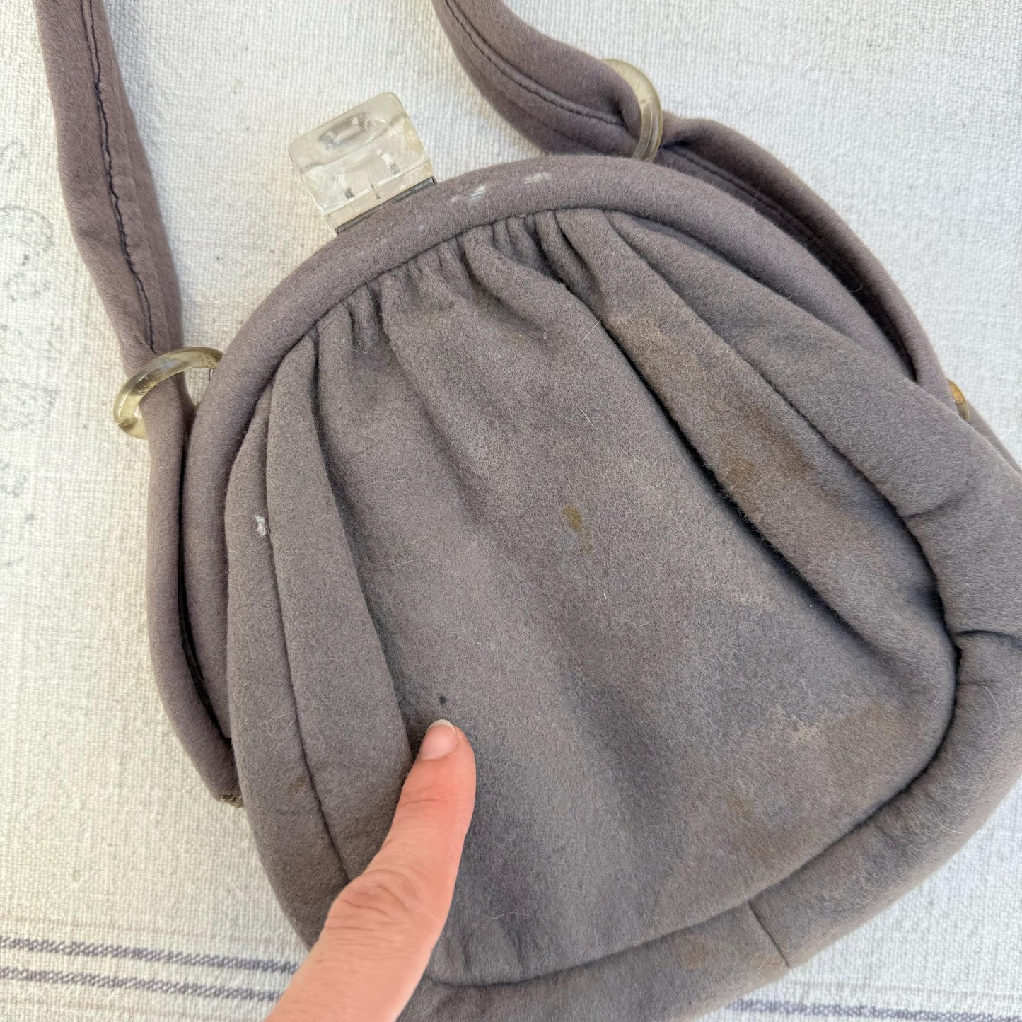 1940s Gray Wool Purse with Lucite Deco Block Closure