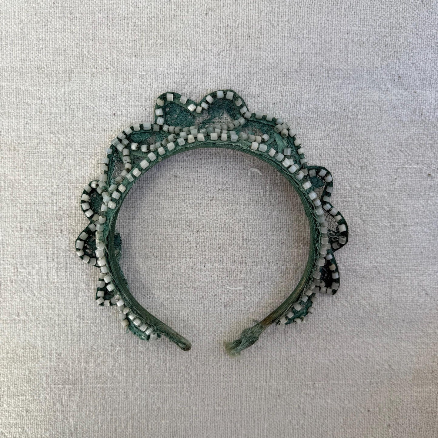 1950s Bridesmaid Beaded Lace Teal Tiara Headband Crown with Heart