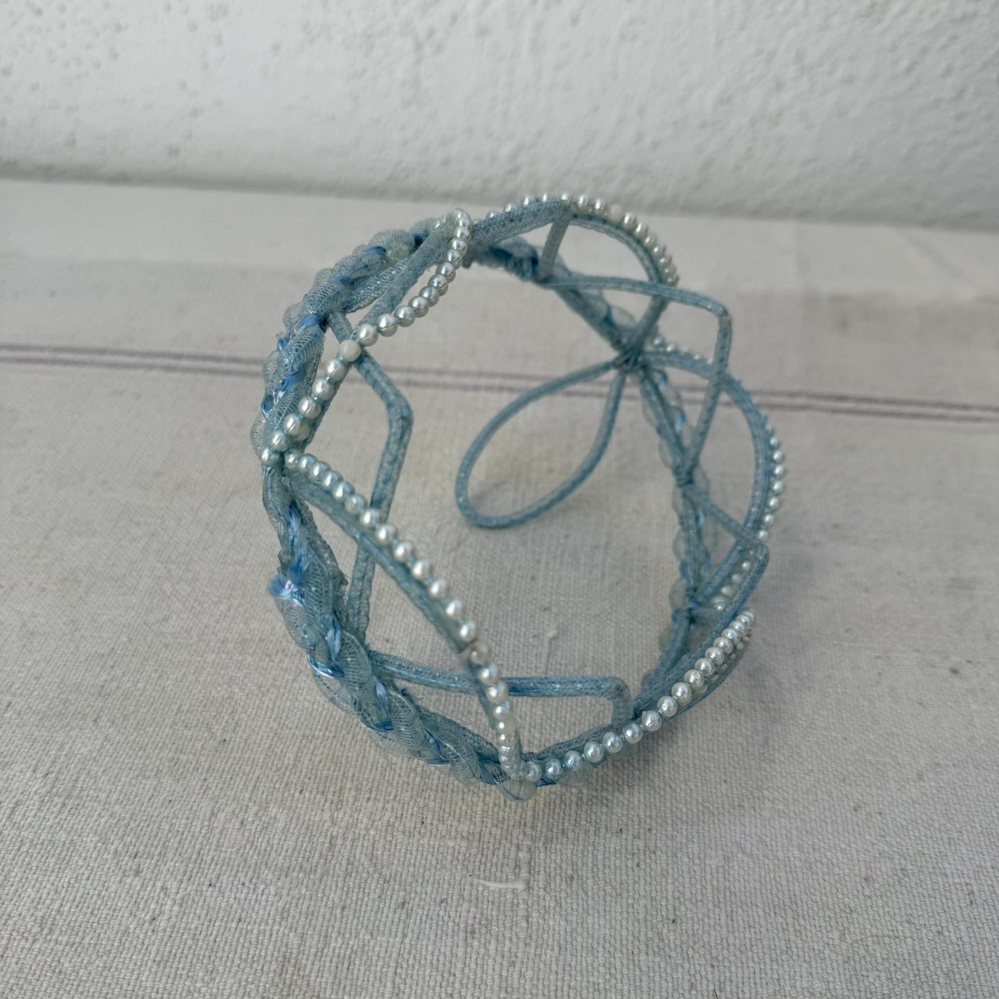 1950s Bridesmaid Beaded Blue Pearl Tiara Headpiece Crown