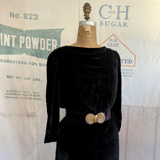 1920s Black Velvet Cowl Neck Gown