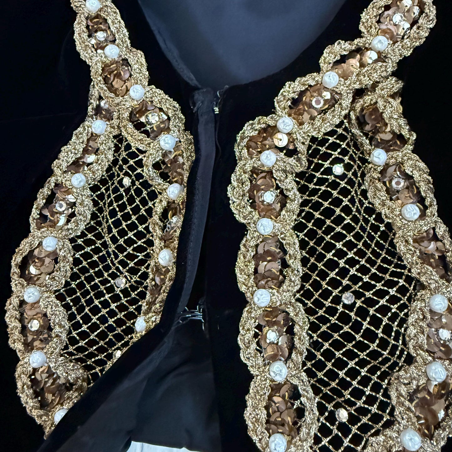 1960s Black Velvet Sequin Rhinestone Gold Trimmed Folk Vest