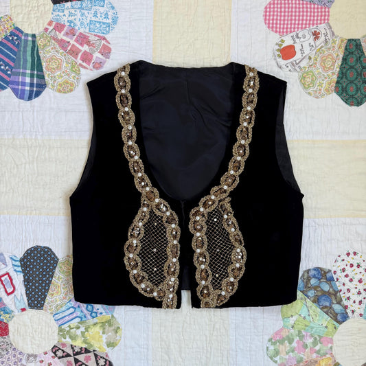 1960s Black Velvet Sequin Rhinestone Gold Trimmed Folk Vest