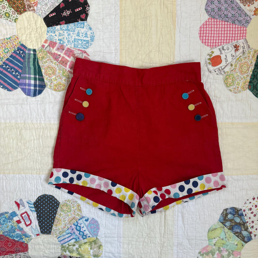 1940s Brookdale Sportogs Red Polka Dot Rainbow Button Clown High Waist Shorts