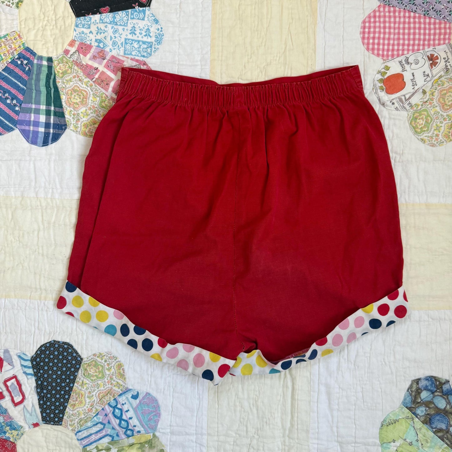 1940s Brookdale Sportogs Red Polka Dot Rainbow Button Clown High Waist Shorts