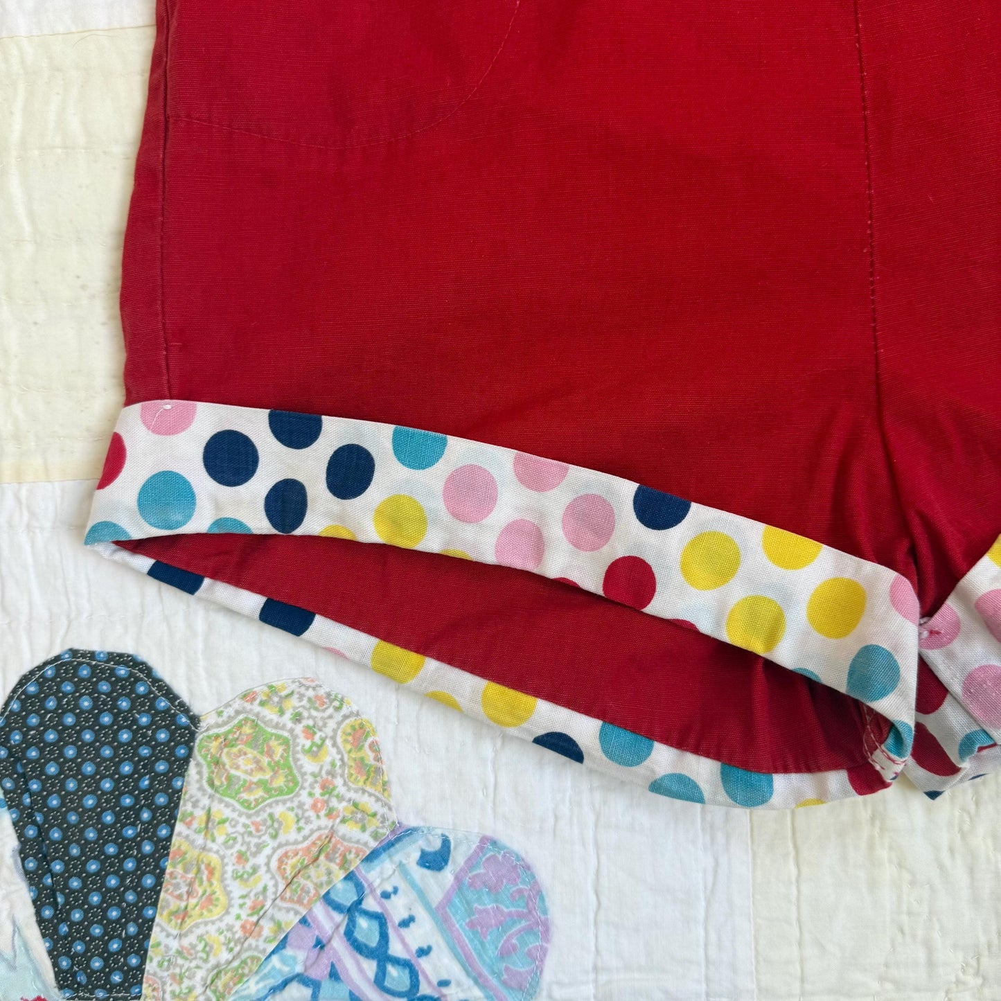 1940s Brookdale Sportogs Red Polka Dot Rainbow Button Clown High Waist Shorts