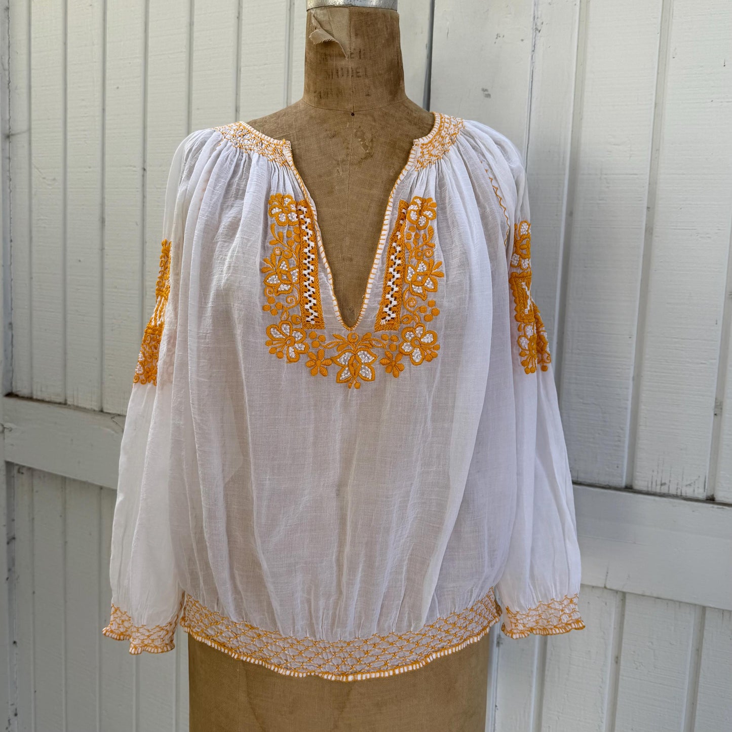 1940s Hungarian Hand Embroidered Smocked Cotton Gauze Blouse