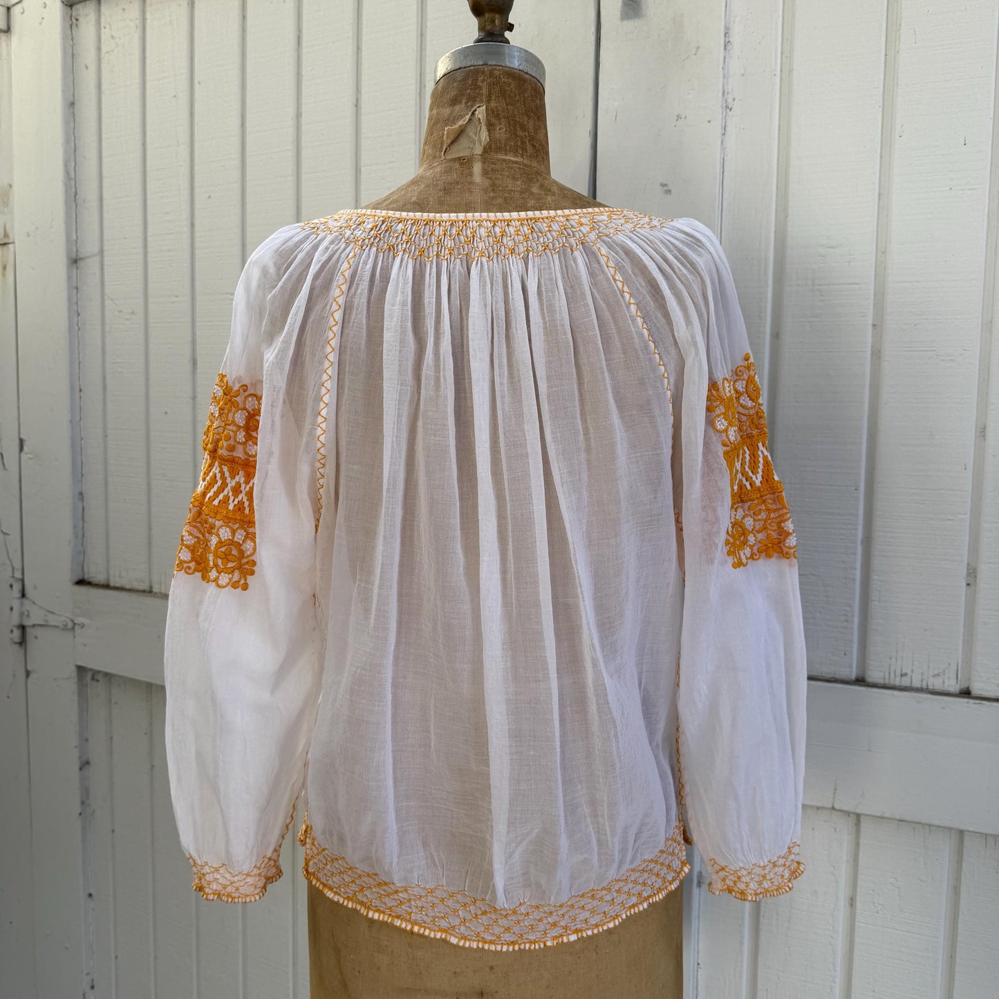 1940s Hungarian Hand Embroidered Smocked Cotton Gauze Blouse