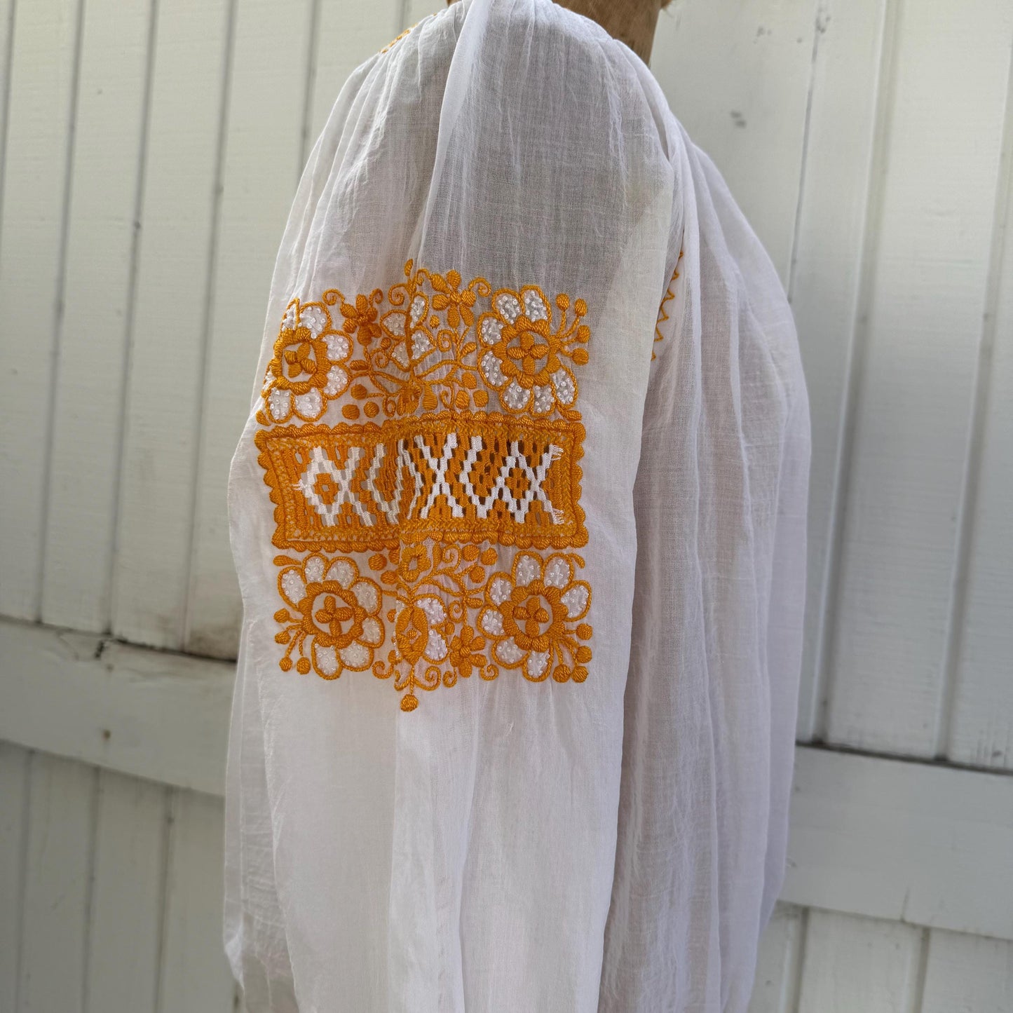 1940s Hungarian Hand Embroidered Smocked Cotton Gauze Blouse