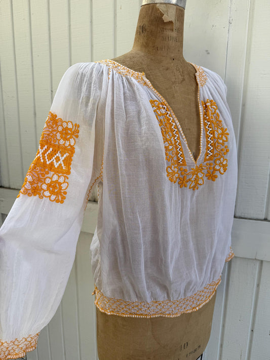 1940s Hungarian Hand Embroidered Smocked Cotton Gauze Blouse