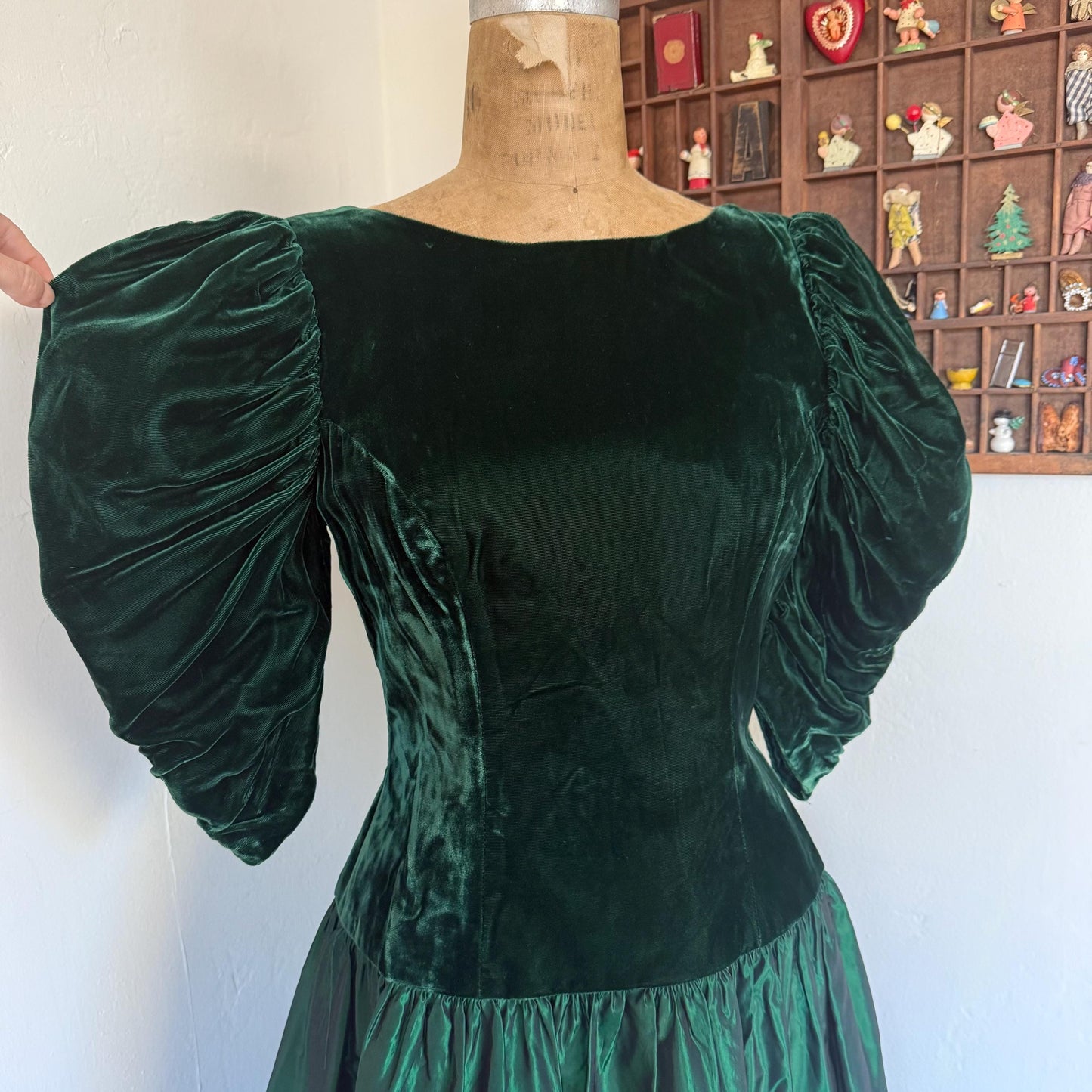 1980s Forest Green Velvet Taffeta Drop Waist Party Dress with Bows