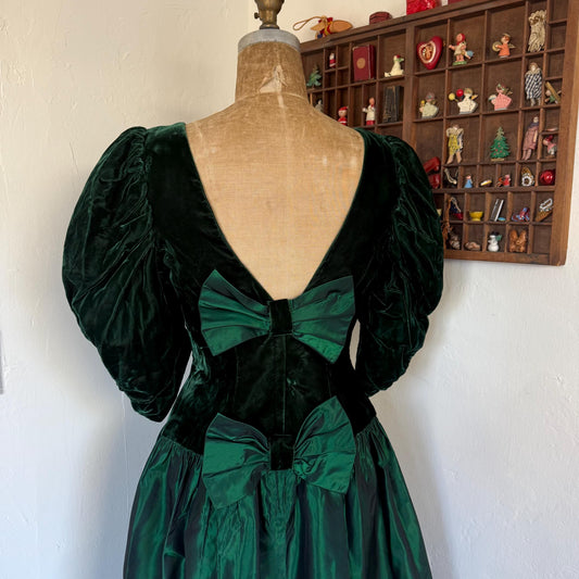 1980s Forest Green Velvet Taffeta Drop Waist Party Dress with Bows