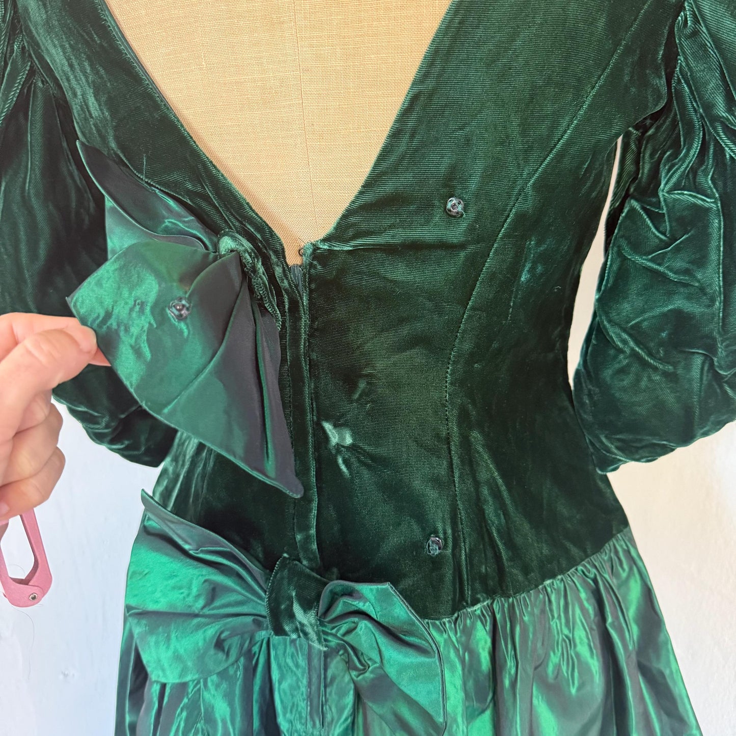 1980s Forest Green Velvet Taffeta Drop Waist Party Dress with Bows
