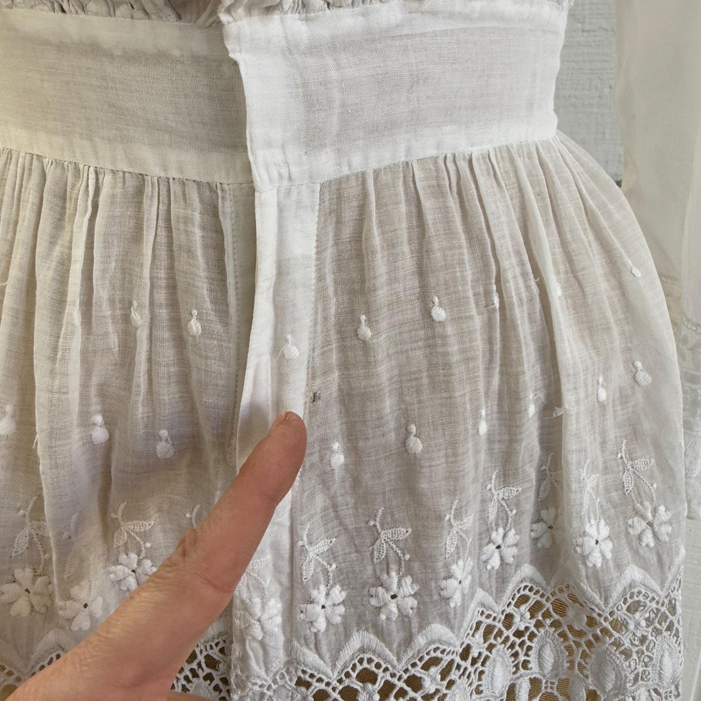 Antique Victorian Cotton Lace and Eyelet Long Sleeve Mini Dress