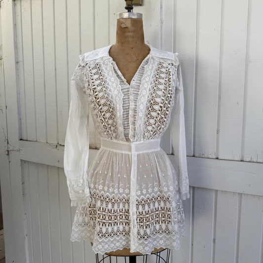 Antique Victorian Cotton Lace and Eyelet Long Sleeve Mini Dress